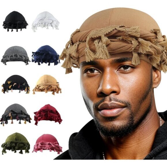 ⚡Men Women A- Khaki Satin Head Wraps Skull Cap Tassels Braid Beanie Turban - Picture 1 of 8